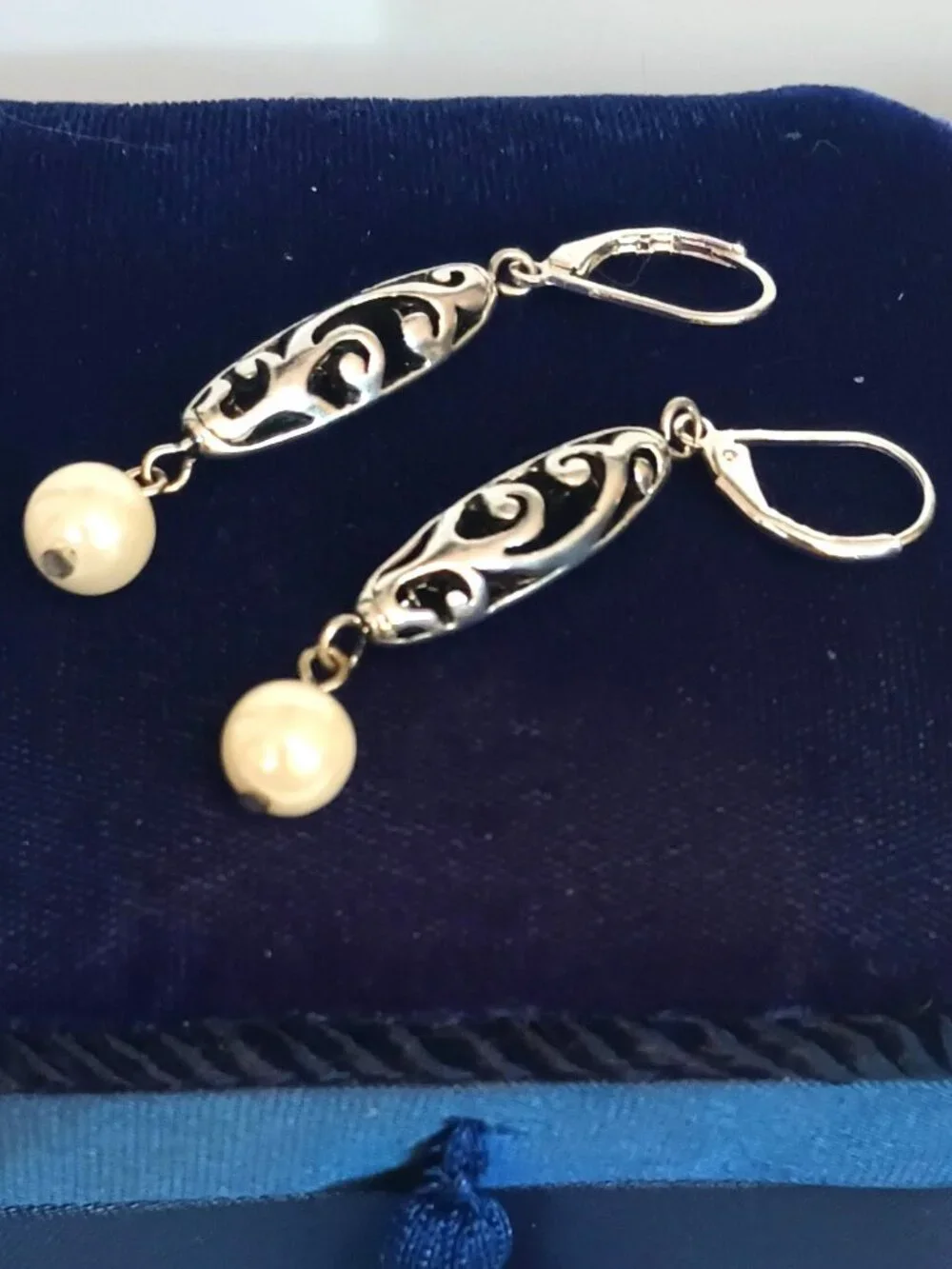Premier Designs Dangle Pearl Earrings Silver Tone Open Work Scroll Drop Jewelry